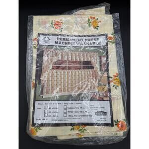 3 Vintage 70s MCM Country Floral Swag Topper Curtain Panel Set